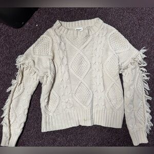 Elegant Cream Cable Knit Sweater with Fringe